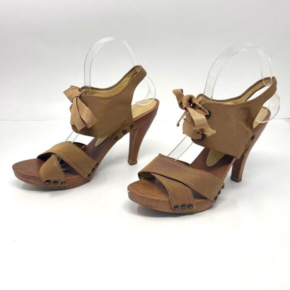 STELLA MCCARTNEY Brown Grosgrain Lace Up Sling Back Heels - Picture 2 of 12